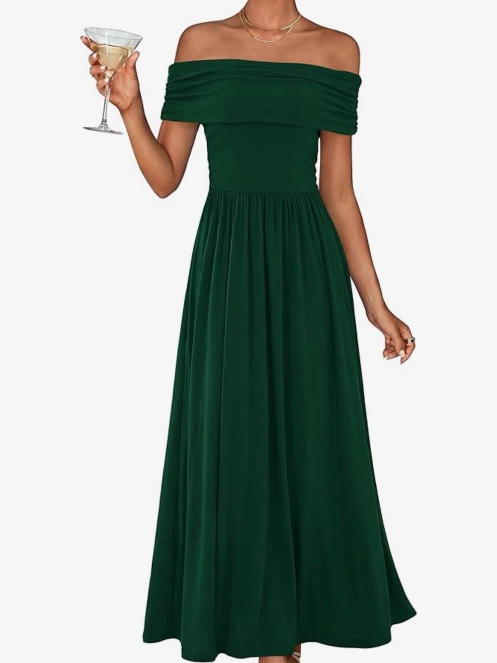 Off-the-Shoulder Maxi Dress in Deep Green